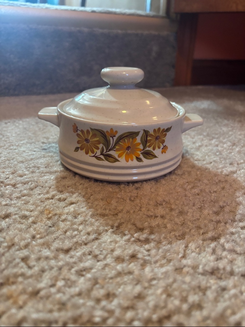White Ceramic Covered Casserole with Yellow Floral Design